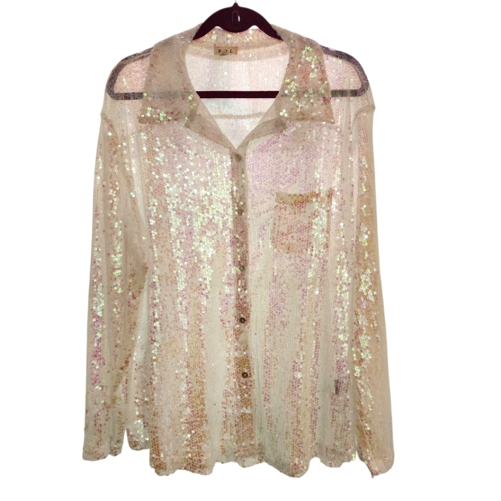POL Oversized Iridescent Sequin Mesh Top, Size Large .